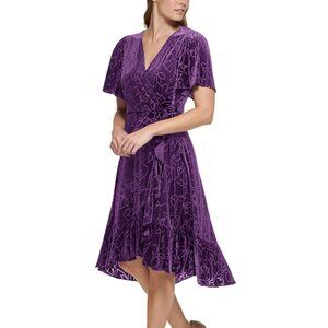 Calvin Klein Women's Size 6 Burnout Velvet Floral Faux Wrap Ruffle Hem Dress